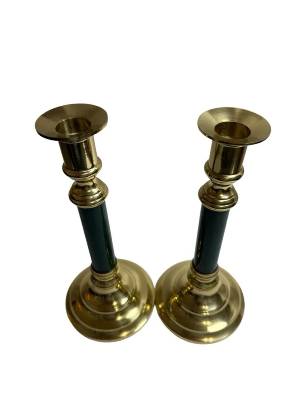 VTG Brass w/ Green Accent Set of 2 Candle Stick Holder 9.5